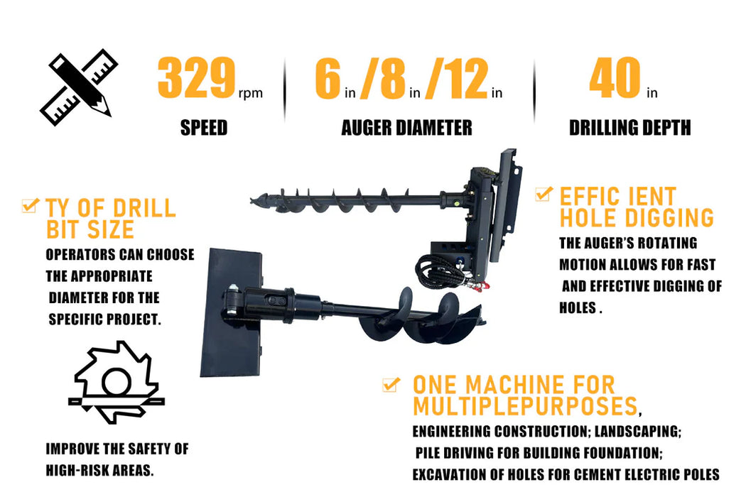 MMS Mini Skid Steer Loader Hydraulic Auger with 3 bits in 6'', 8'', 12'' | MMS