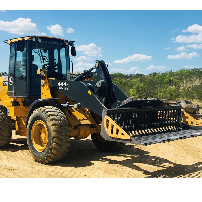 EZ ROCK BUCKET For large skid steers and compact track loaders Custom mounts are available for tractor loaders in four widths: 56″ / 72″ / 81″ / 90″ | CL Fabrication