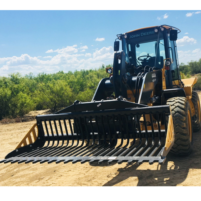 EZ ROCK BUCKET For large skid steers and compact track loaders Custom mounts are available for tractor loaders in four widths: 56″ / 72″ / 81″ / 90″ | CL Fabrication