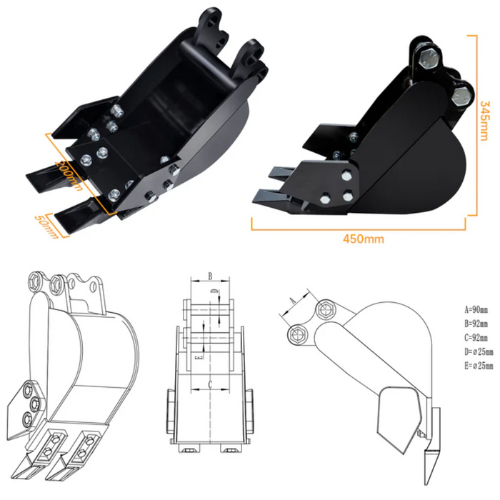 MMS 200mm Narrow Bucket Attachment for Mini Excavator Digger | MMS