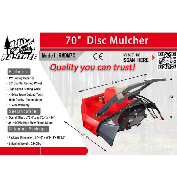 Raytree RMDM70 60" Cutting Diameter Skid Steer Disc Mulcher | Raytree