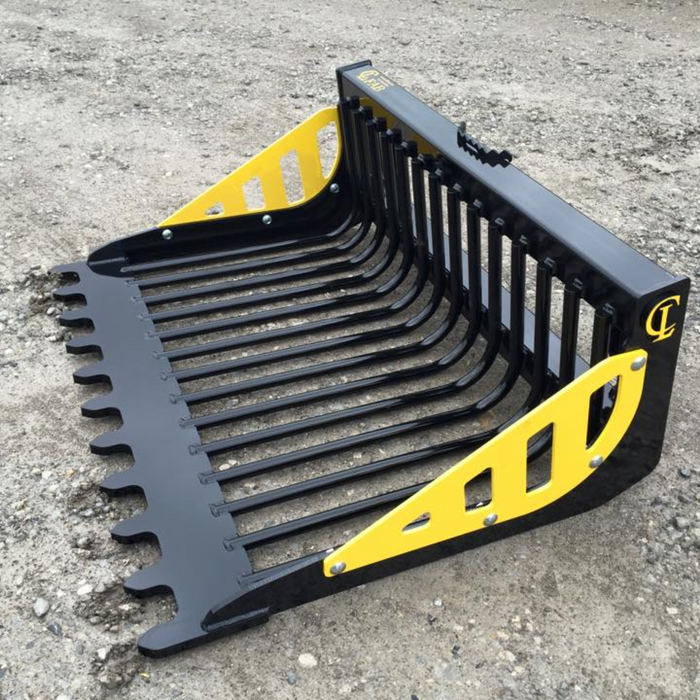 EZ ROCK BUCKET For large skid steers and compact track loaders Custom mounts are available for tractor loaders in four widths: 56″ / 72″ / 81″ / 90″ | CL Fabrication