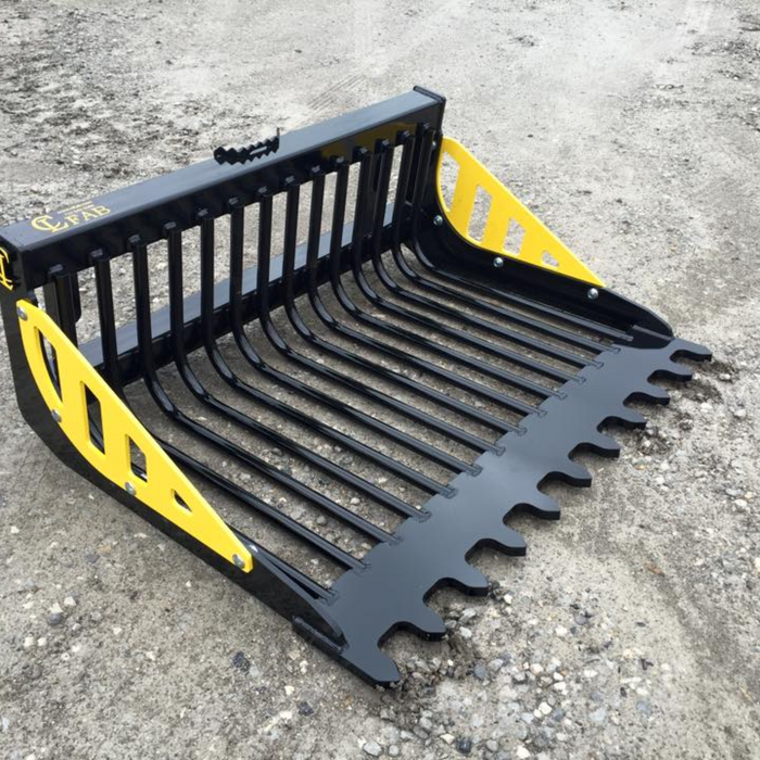 EZ ROCK BUCKET For large skid steers and compact track loaders Custom mounts are available for tractor loaders in four widths: 56″ / 72″ / 81″ / 90″ | CL Fabrication